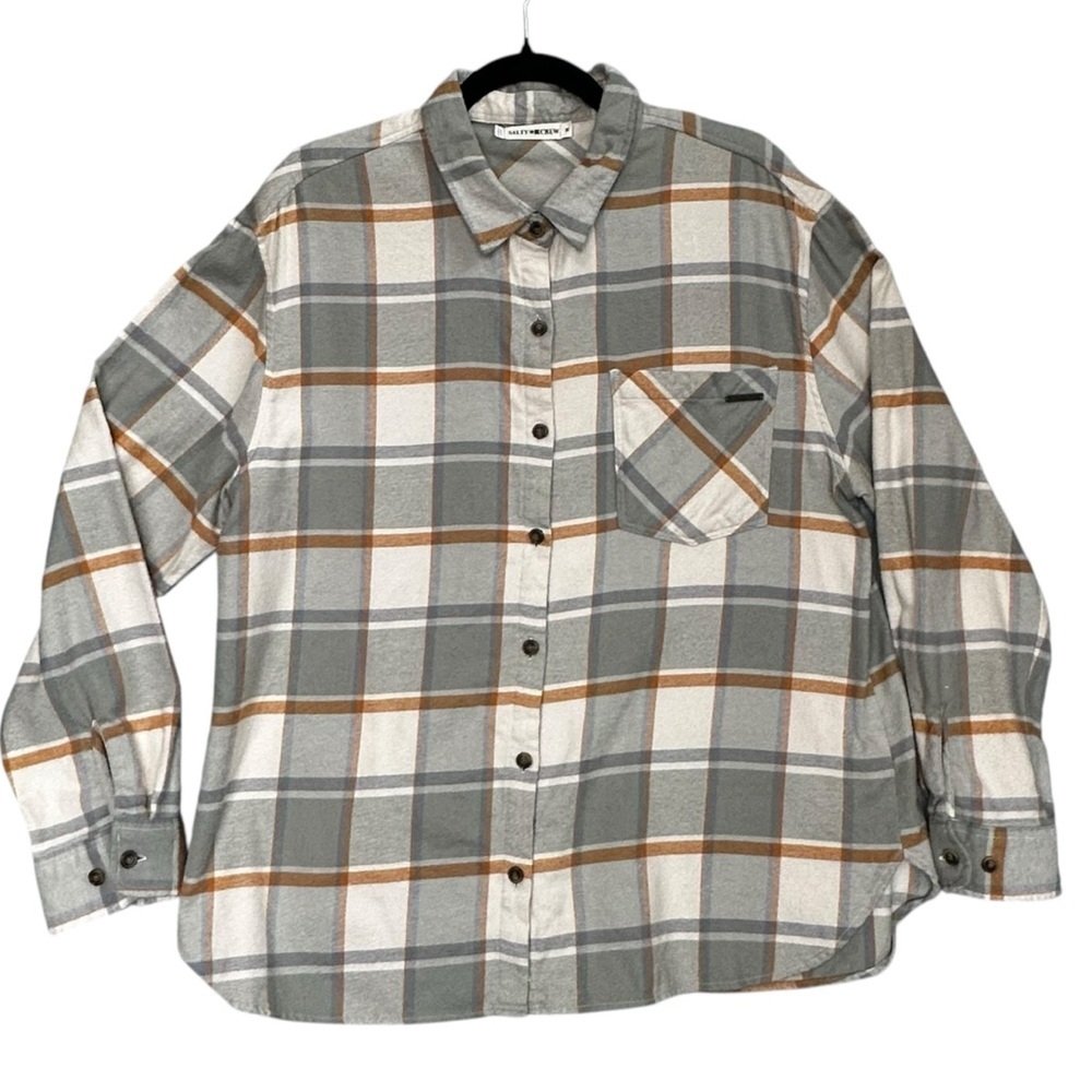 Salty Crew Shore Break Flannel Shirt Grey White Rust Plaid Cotton Size Medium